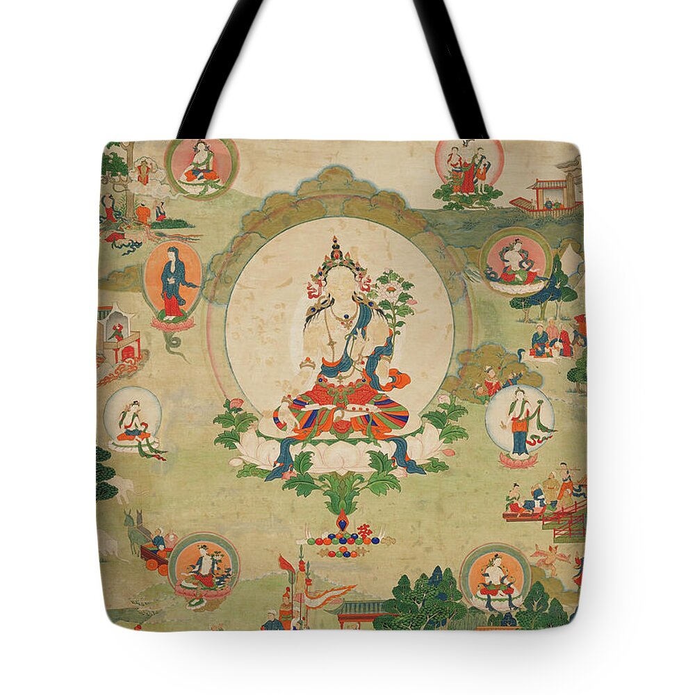 Bodhisattva Tote Bag featuring the painting White Tara by Unknown Tibetan Artist