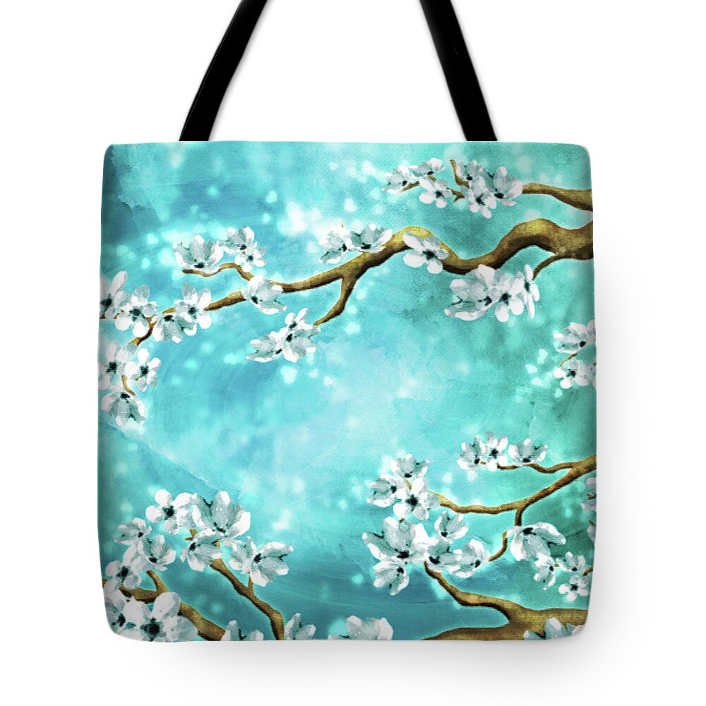 Tranquility Blossoms Tote Bag featuring the digital art Tranquility Blossoms - Winter White and Blue by Laura Ostrowski