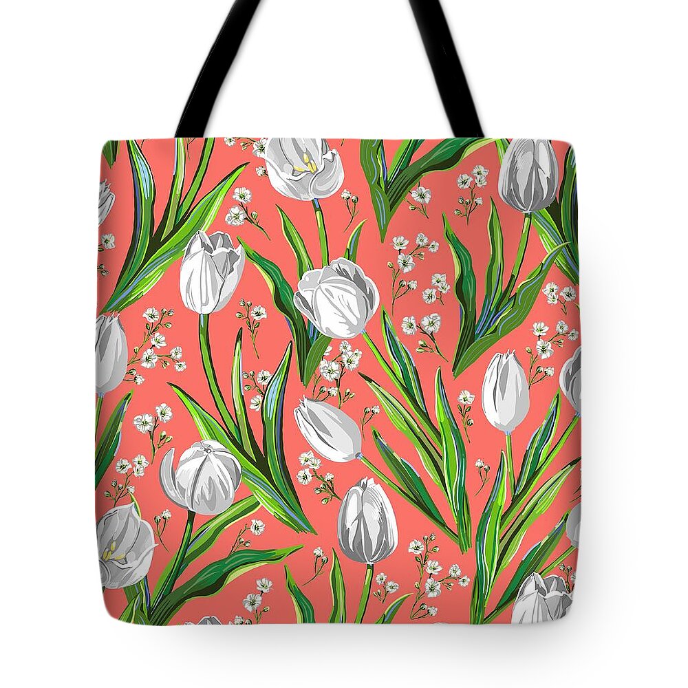 White Tulips Tote Bag featuring the drawing White Tulips on Living Coral by L Diane Johnson