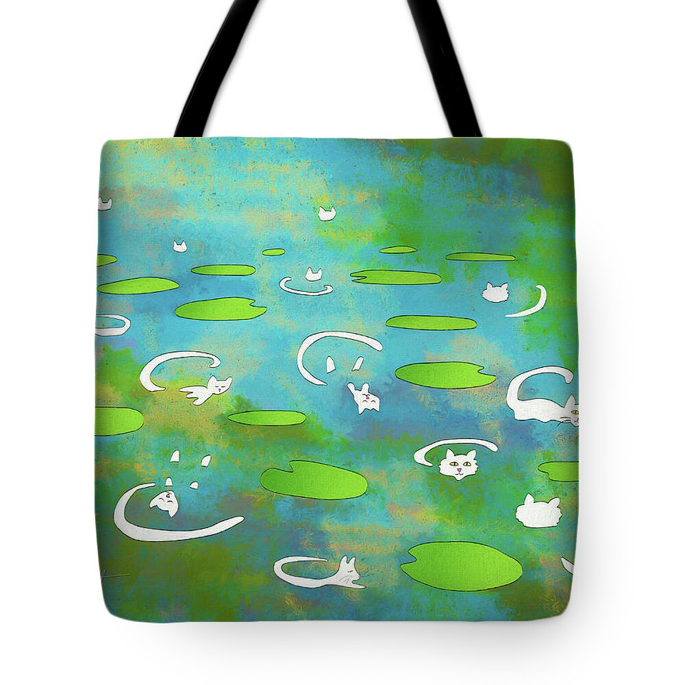 Cat Tote Bag featuring the digital art White Water Lily Cats on Pond by Bonnie Follett