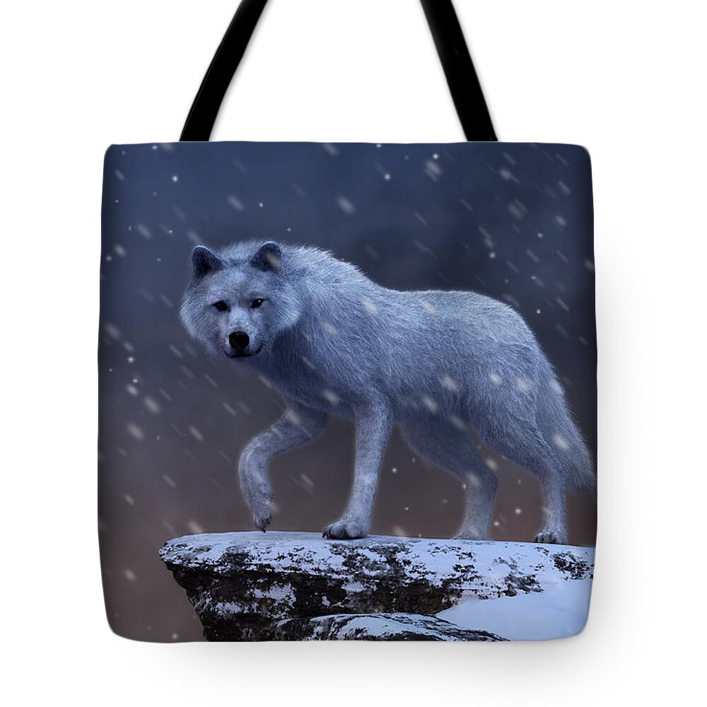 White Wolf Tote Bag featuring the digital art White Wolf in a Blizzard by Daniel Eskridge