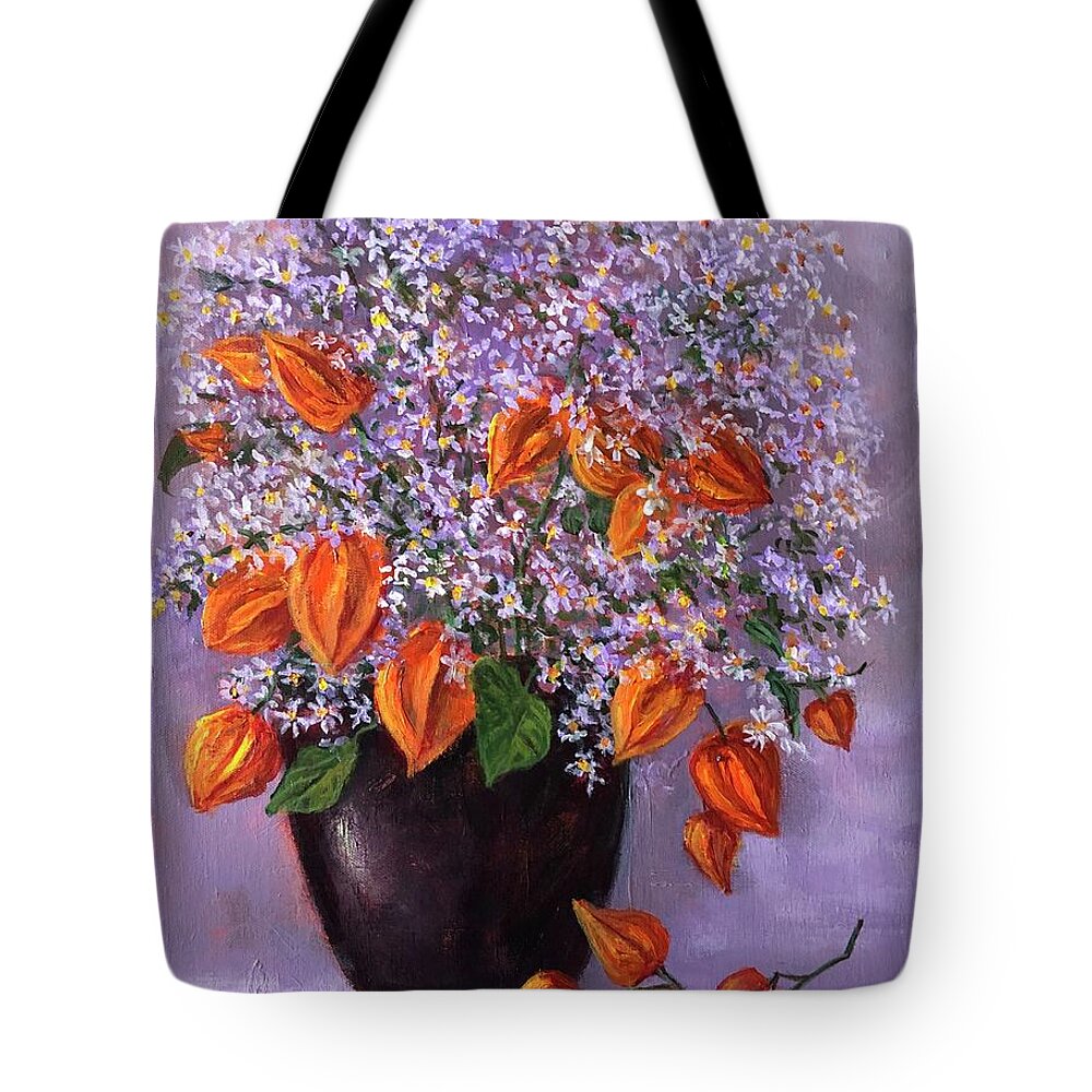 Flowers Tote Bag featuring the painting Wild Asters And Chinese Lanterns by Rand Burns