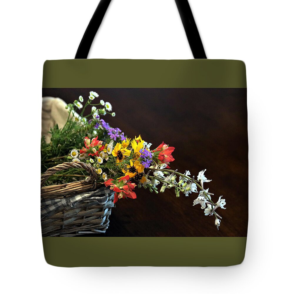 Nature Tote Bag featuring the photograph Wildflowers in a Basket on Black by Sheila Brown