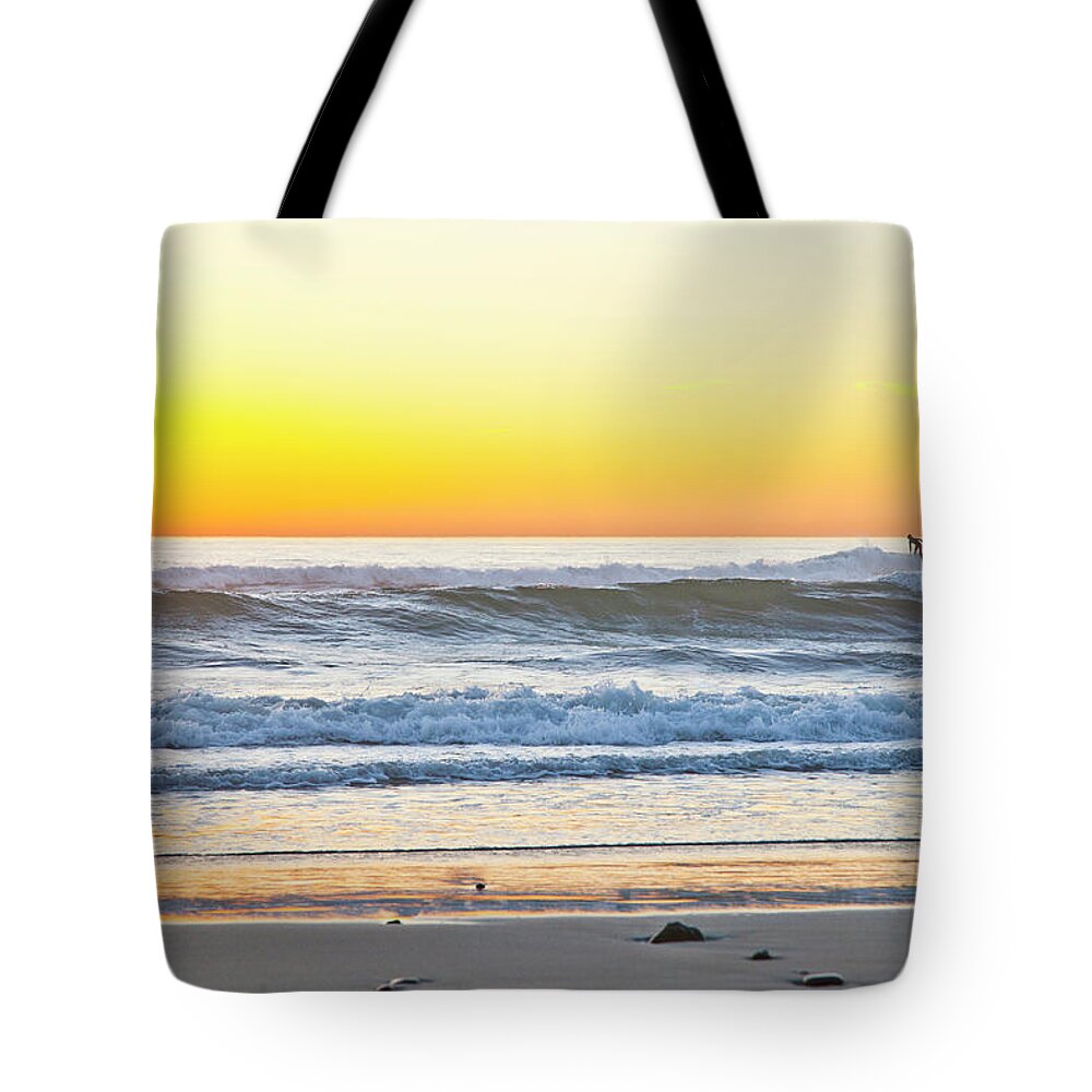 California Beach Tote Bag featuring the photograph Wind n Sea Sunset Surfer by Catherine Walters