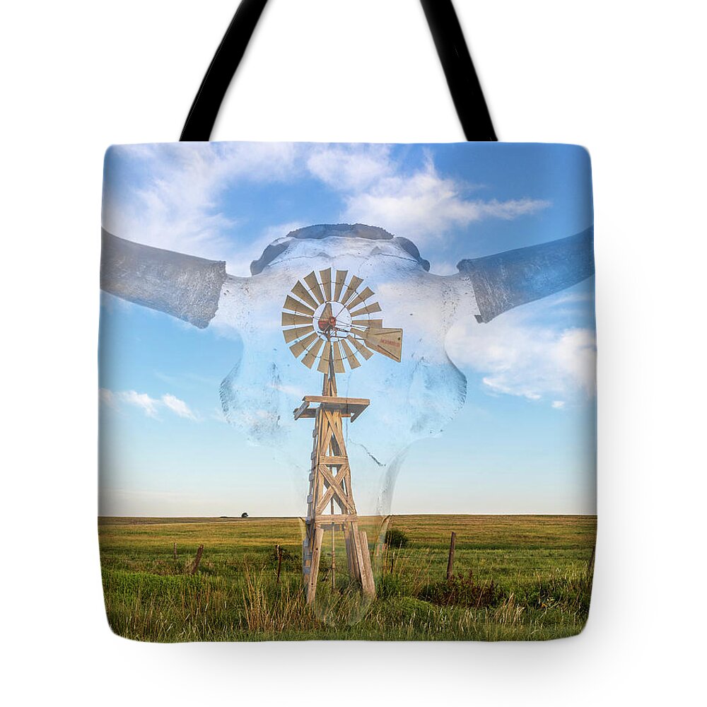 Kansas Tote Bag featuring the photograph Windmill and Bison 003 by Rob Graham