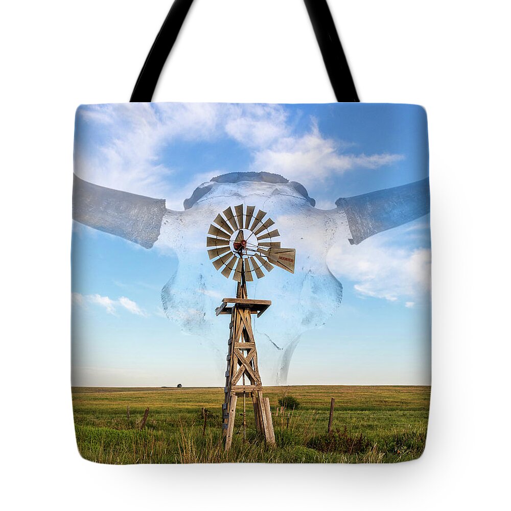 Kansas Tote Bag featuring the photograph Windmill and Bison 004 by Rob Graham