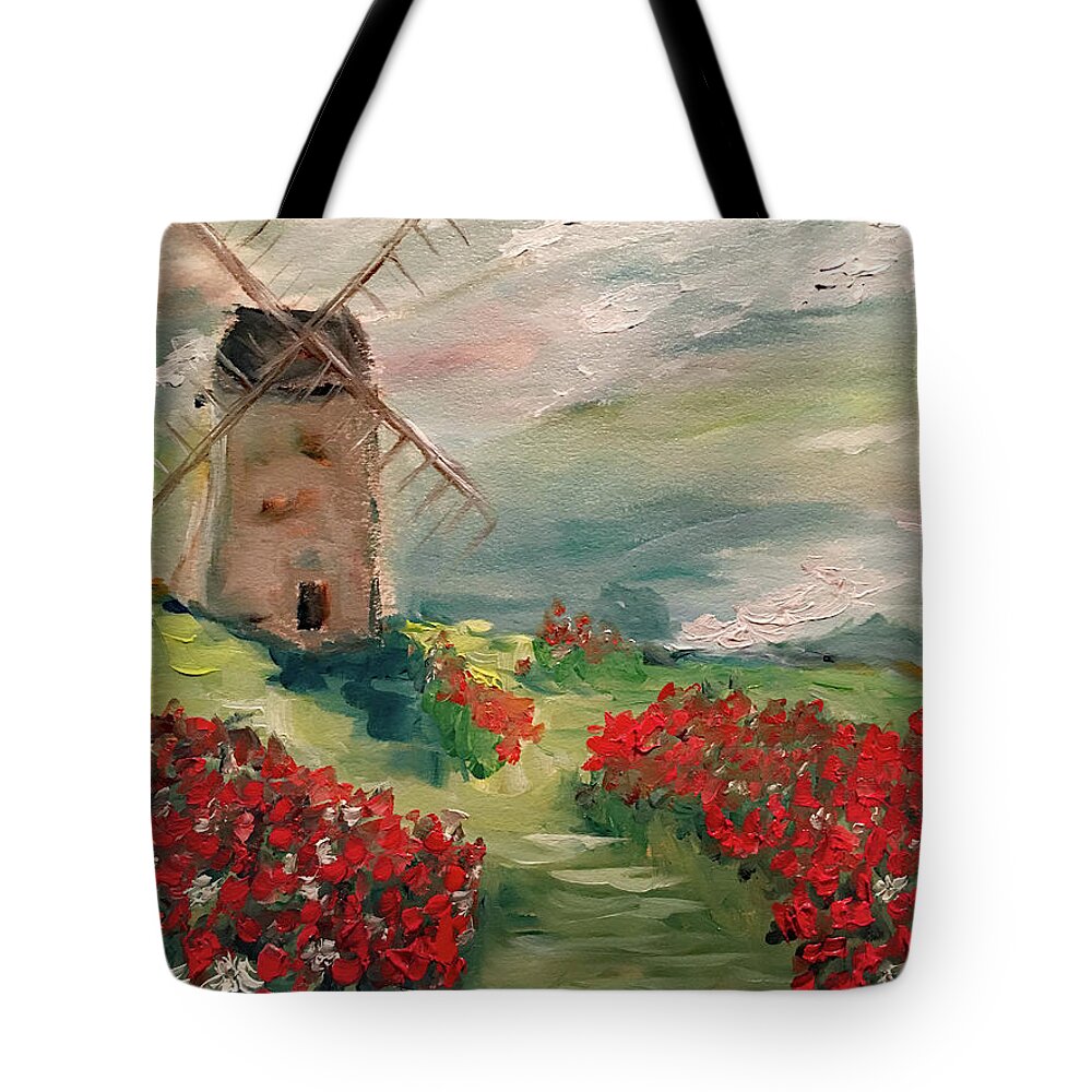Windmill Tote Bag featuring the painting Windmill in a Poppy Field by Roxy Rich