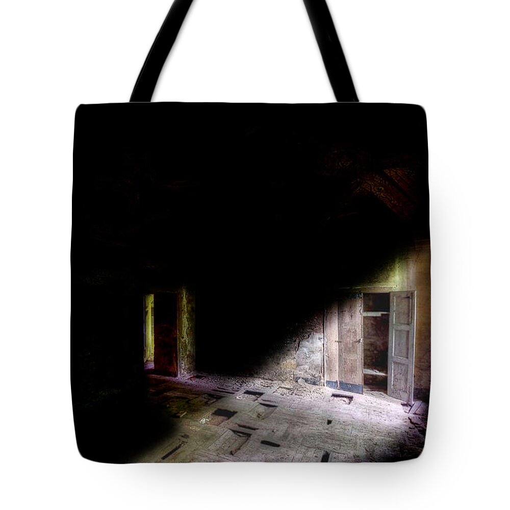 Shadows Tote Bag featuring the mixed media Window at Dawn by Jas Stem