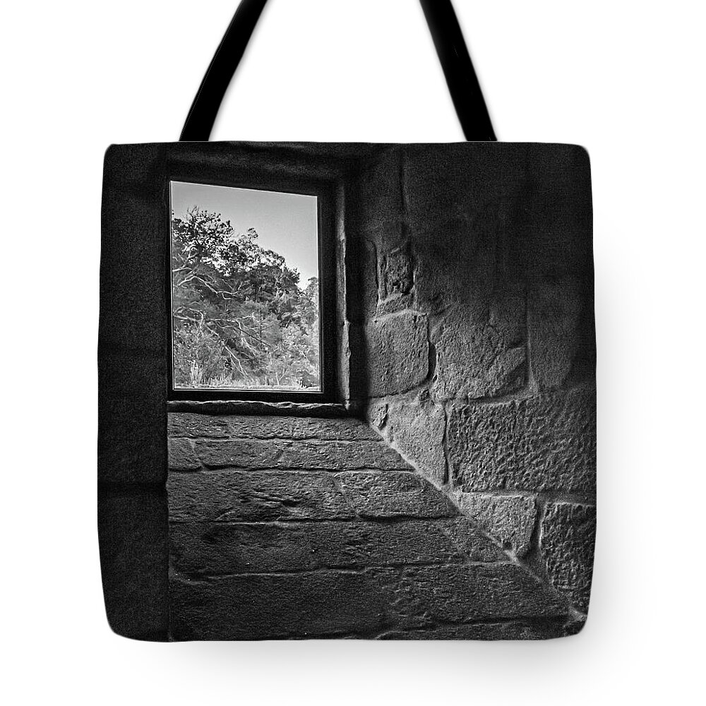 Window Tote Bag featuring the photograph Window shadows BW by Barry Bohn