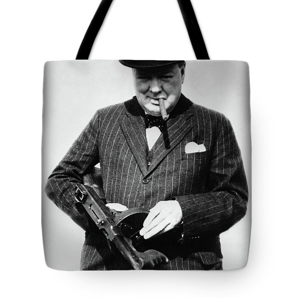 Winston Churchill Tote Bag featuring the painting Winston Churchill with Tommy Gun by English School