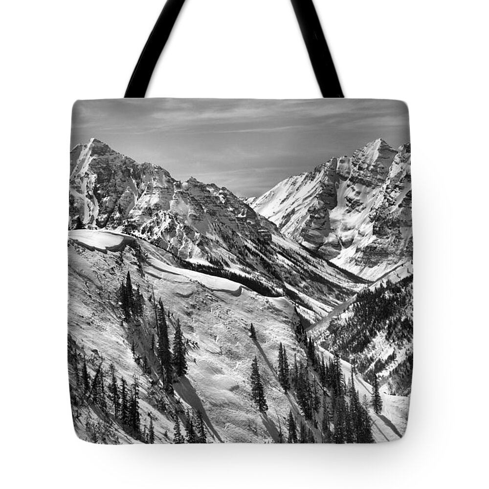 Maroon Bells Tote Bag featuring the photograph Winter At Maroon Bells Black And White by Adam Jewell