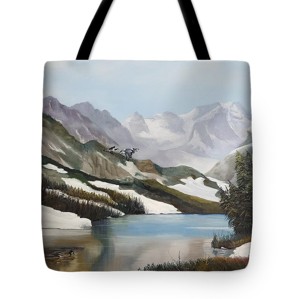 Rocky Mountains Tote Bag featuring the painting Winter Flight by Connie Rish