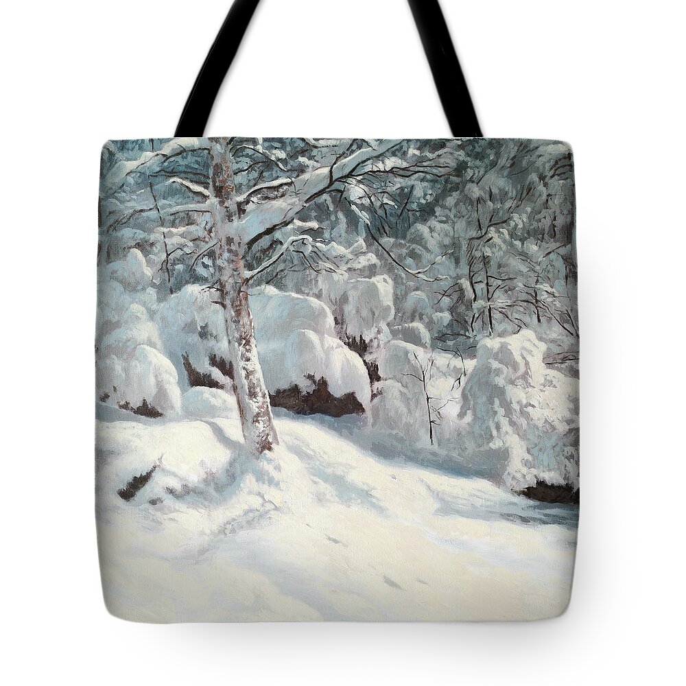 Winter Forest Tote Bag featuring the painting Winter Forest Interior by Hans Egil Saele