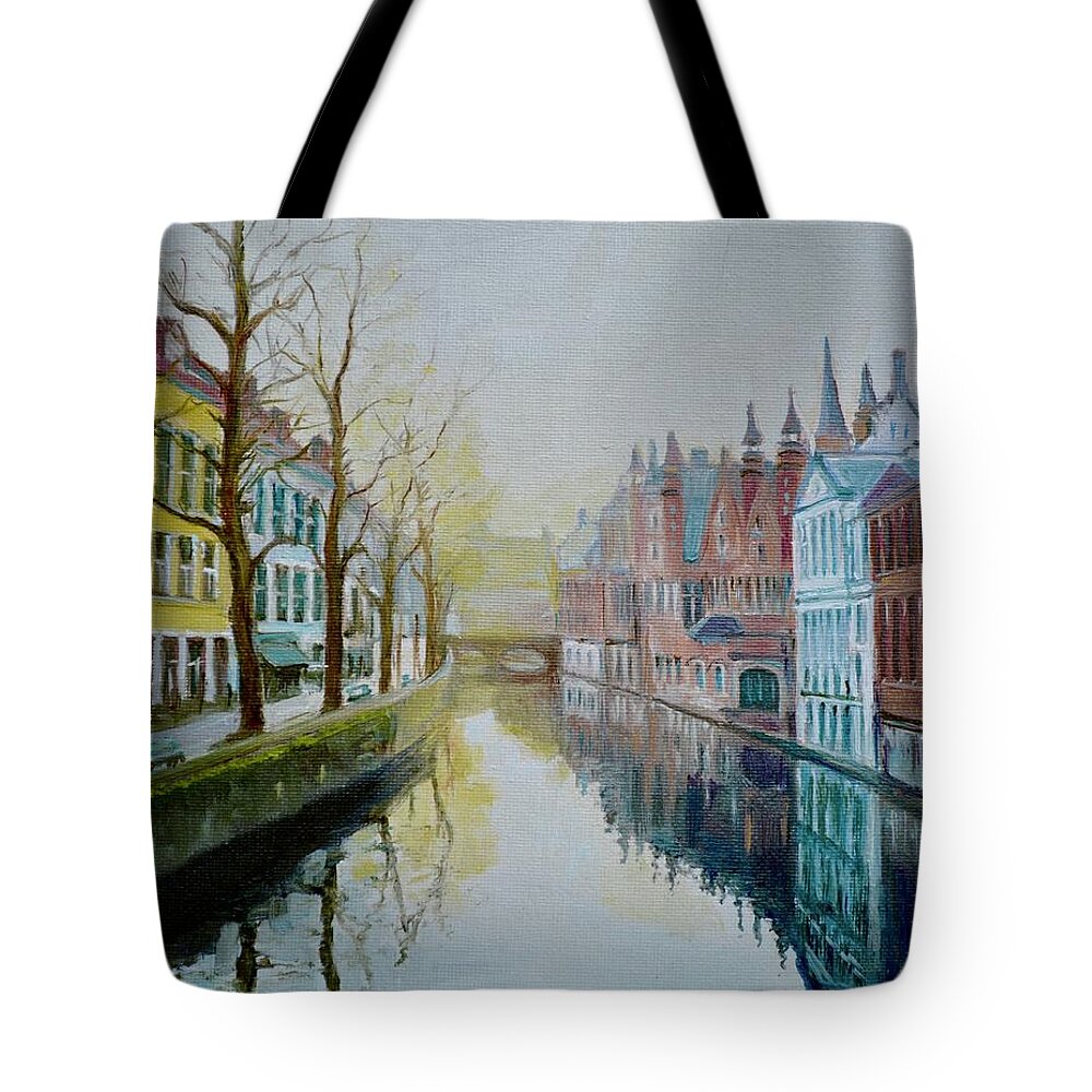 Belgium Tote Bag featuring the painting Winter Evening in Bruges by Dai Wynn