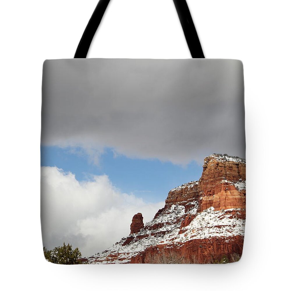 Scenics Tote Bag featuring the photograph Winter Snow Red Rock Sedona by Sassy1902