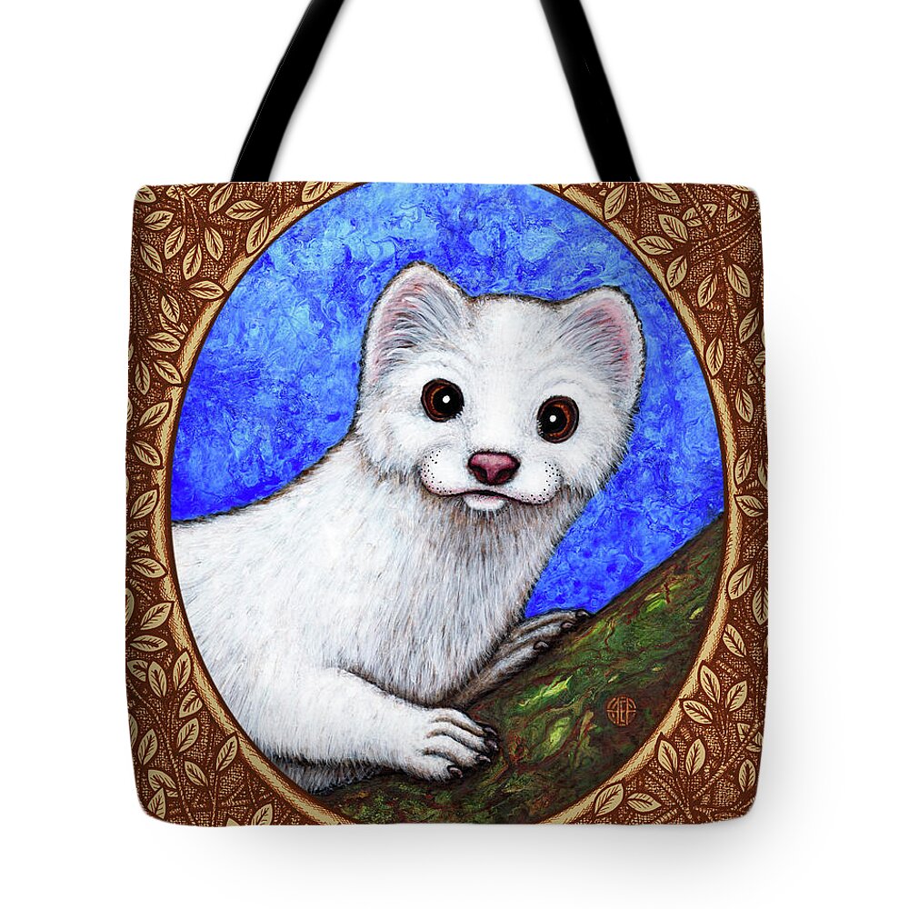 Animal Portrait Tote Bag featuring the painting Winter Weasel Portrait - Brown Border by Amy E Fraser