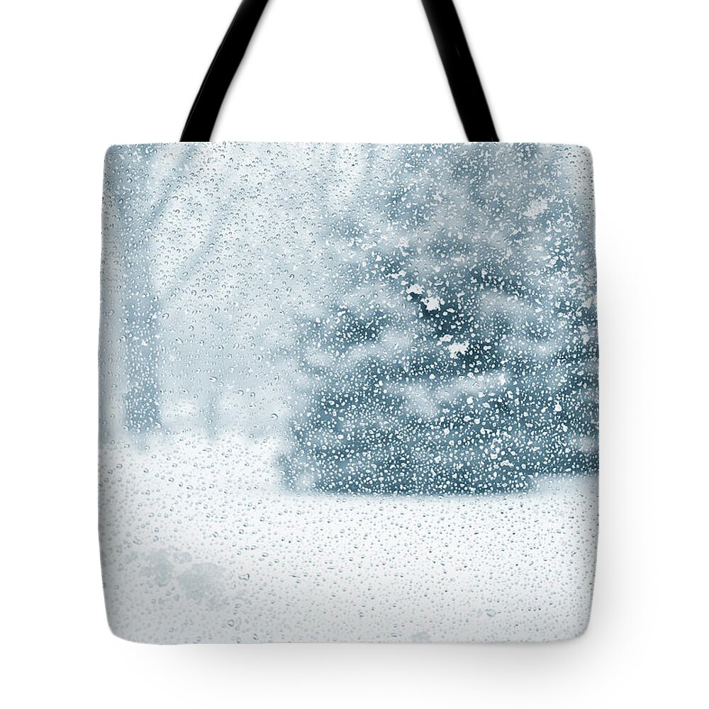 Snow Tote Bag featuring the photograph Wintery Forest Through Wet And Snowy by Debibishop