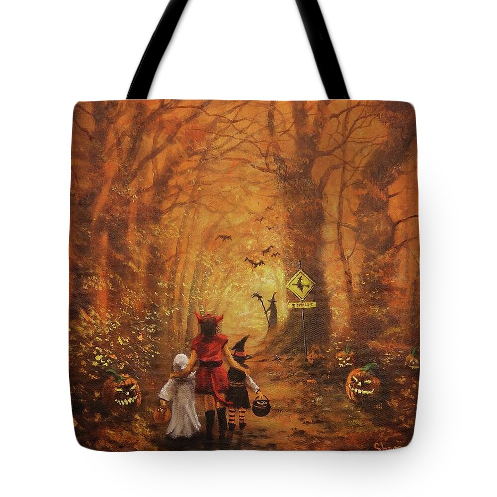 Halloween Tote Bag featuring the painting Witch Crossing Ahead by Tom Shropshire