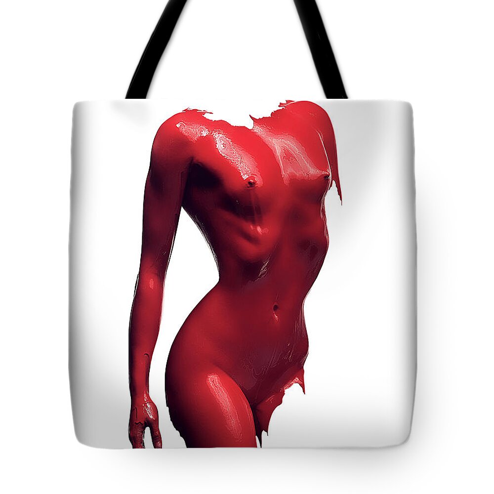 Woman Tote Bag featuring the photograph Woman body red paint by Johan Swanepoel