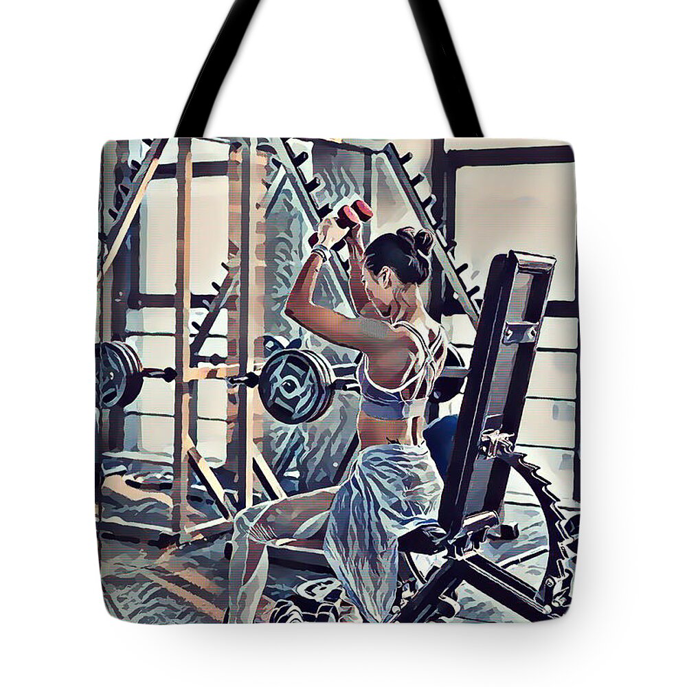 Woman Exercise Workout In Gym Fitness Tote Bag featuring the painting Woman exercise workout in gym fitness by Jeelan Clark