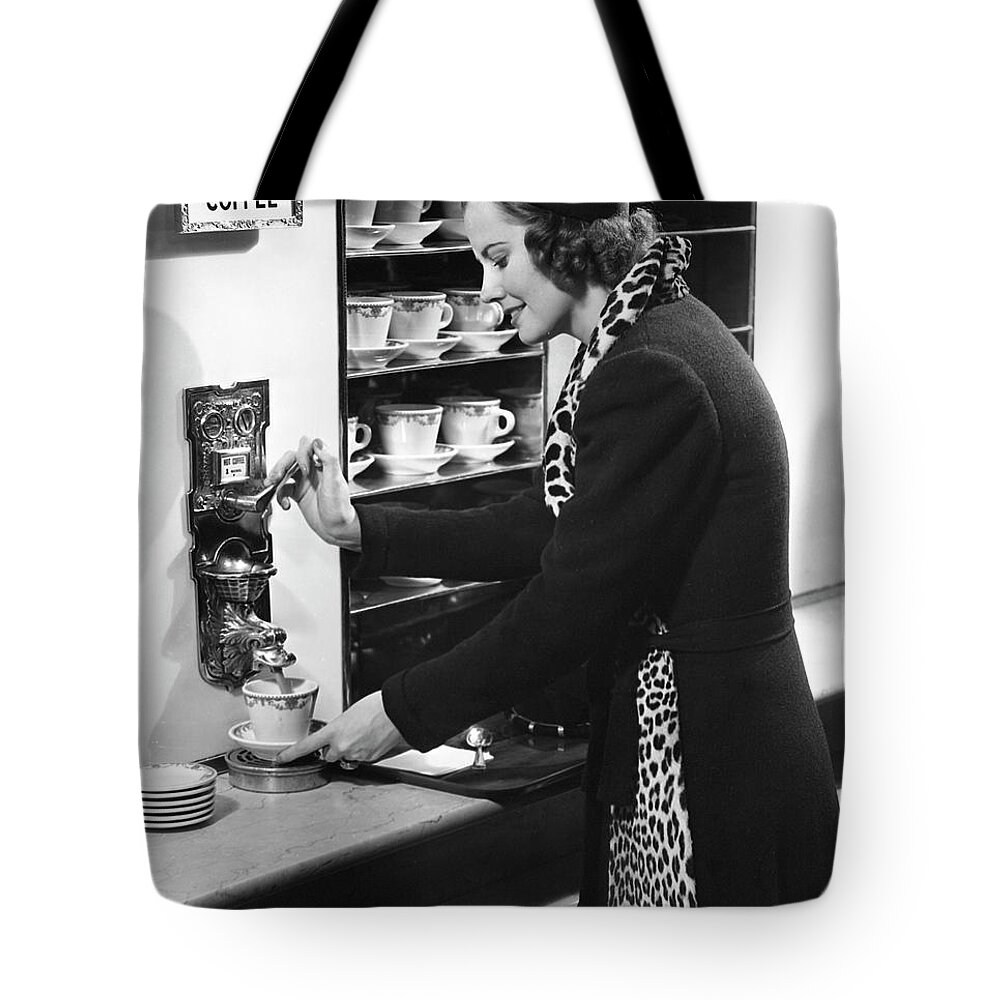 Three Quarter Length Tote Bag featuring the photograph Woman Getting Coffee At Old Fashioned by George Marks