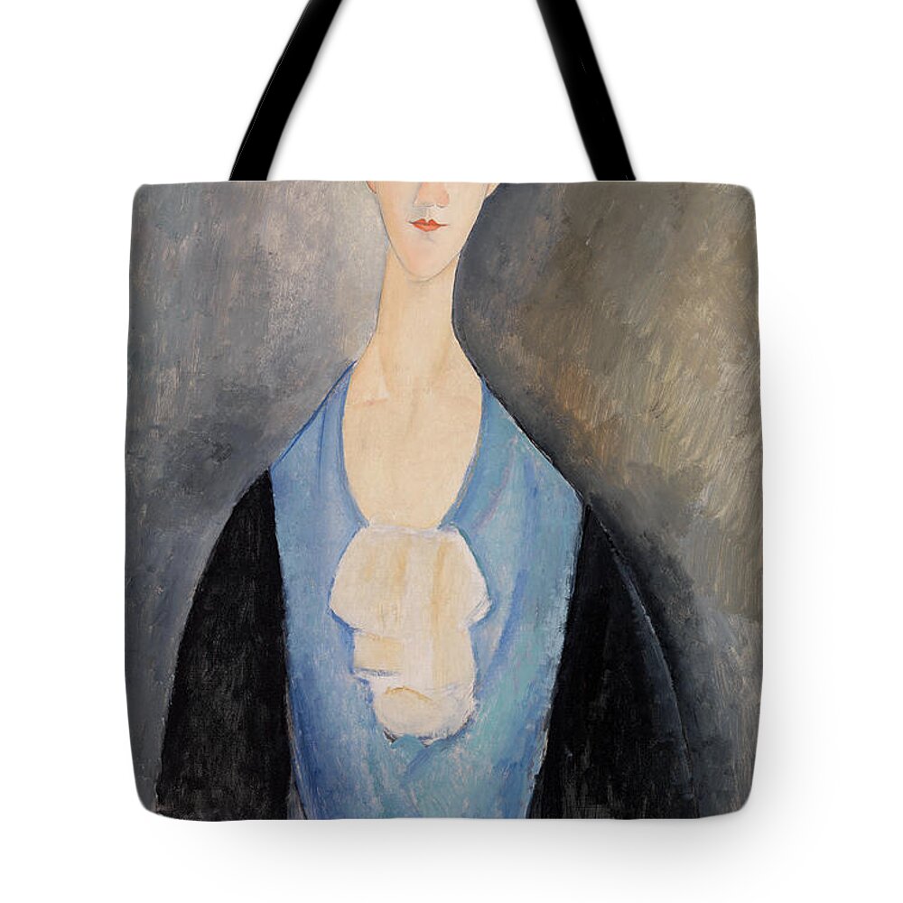 Woman In Blue Tote Bag featuring the painting Woman in Blue by Amedeo Modigliani