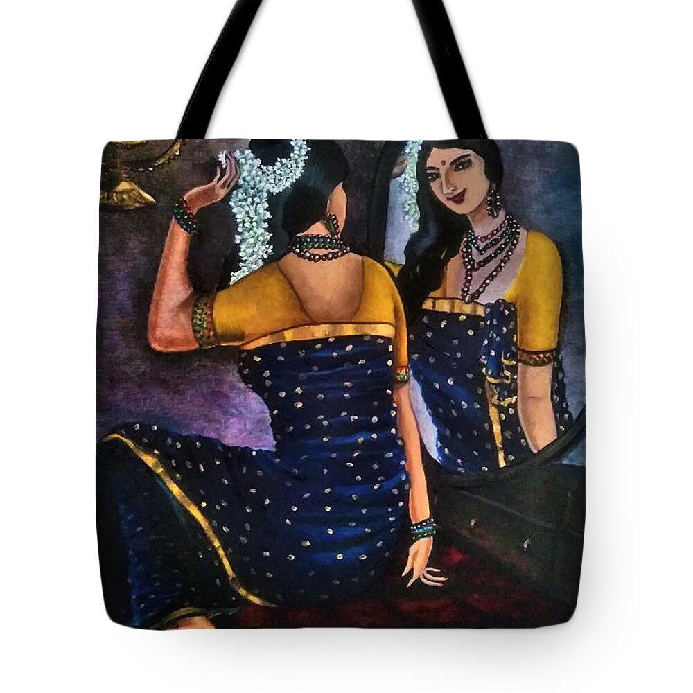 Woman Tote Bag featuring the painting Woman in front of mirror by Tara Krishna