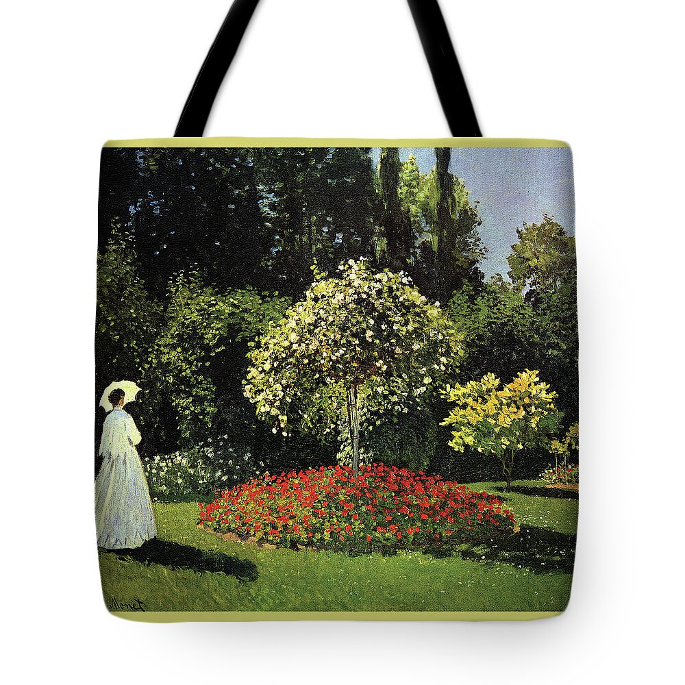 Sunlight Tote Bag featuring the painting Woman in the Garden. Sainte-Adresse (Detail) by Claude Monet