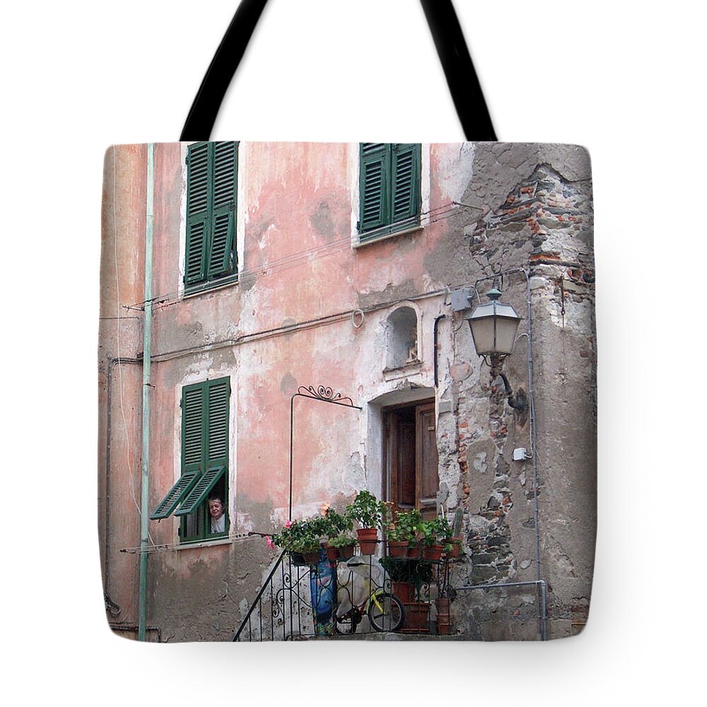Cinque Terre Tote Bag featuring the photograph Green Shutters by Leslie Struxness