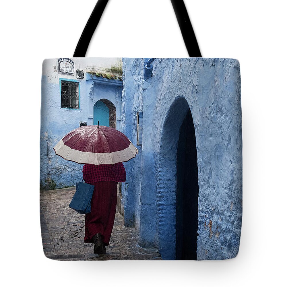 Chefchaouen Tote Bag featuring the photograph Woman with Blue Bag by Jessica Levant