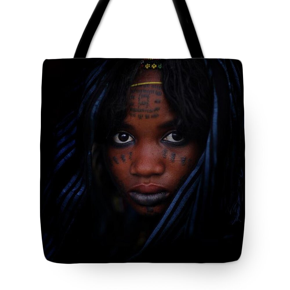 People Tote Bag featuring the photograph Woman With Blue Head Scarf And Facial by Timothy Allen