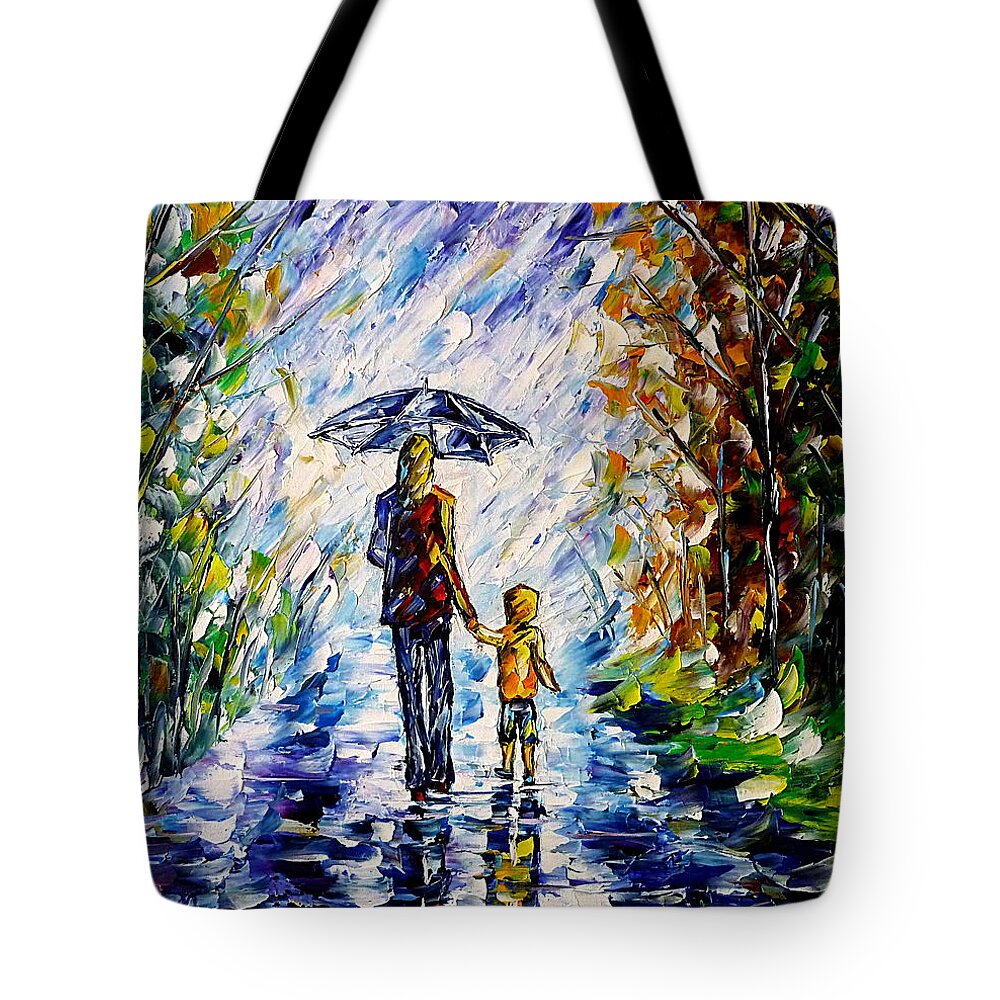 Mother And Child Tote Bag featuring the painting Woman With Child In The Rain by Mirek Kuzniar