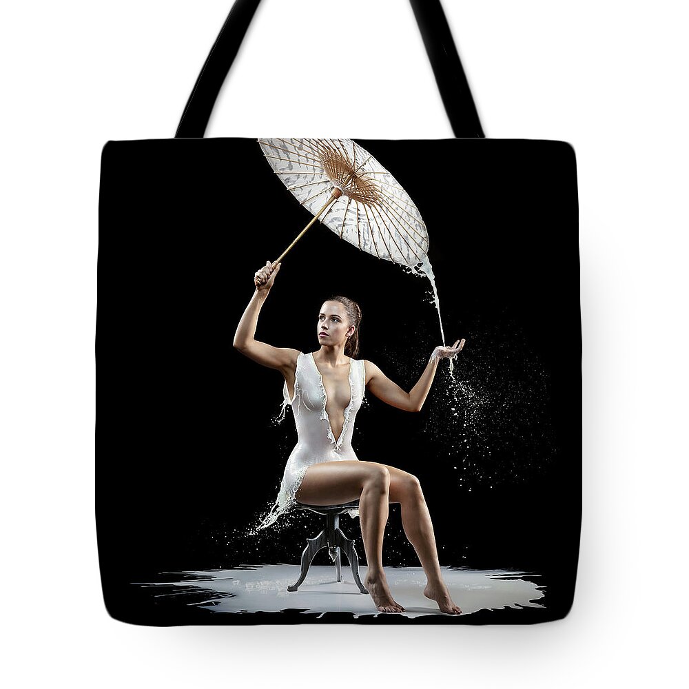 Woman Tote Bag featuring the photograph Woman with milk dress by Johan Swanepoel