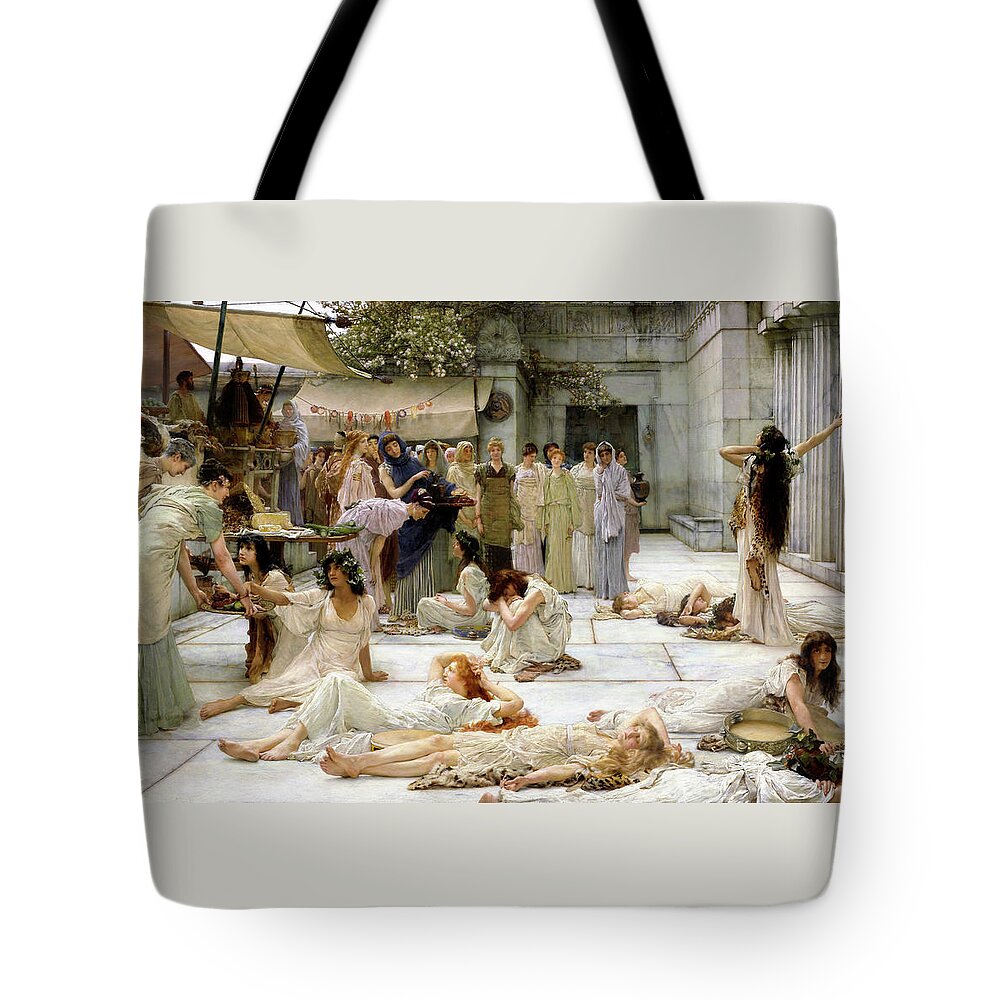Lawrence Alma-tadema Tote Bag featuring the painting Women of Amphissa - Digital Remastered Edition by Lawrence Alma-Tadema