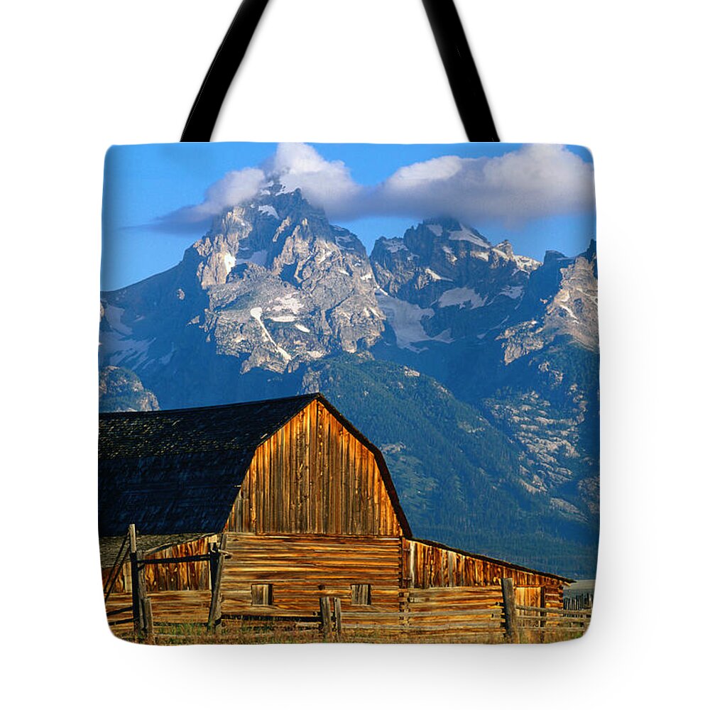 Snow Tote Bag featuring the photograph Wooden Mormon Row Barn With Teton Range by John Elk Iii