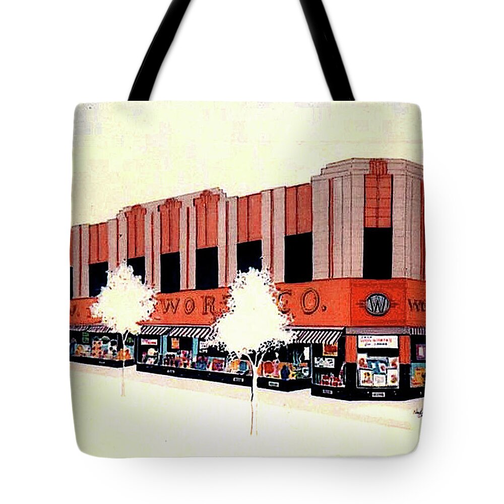 Market Street Tote Bag featuring the painting Woolworth on Market St. by William Renzulli