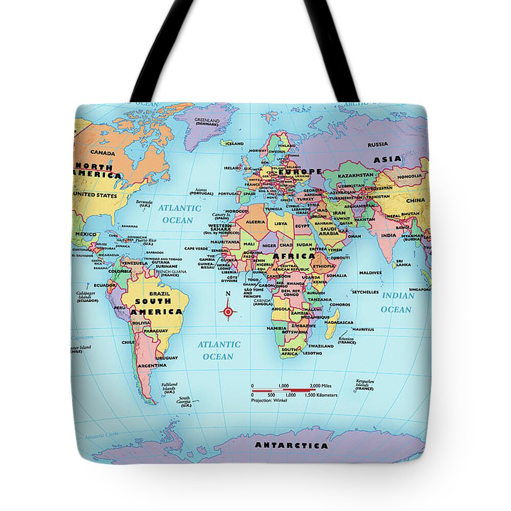 Horizontal Tote Bag featuring the digital art World Map, Continent And Country Labels by Globe Turner, Llc
