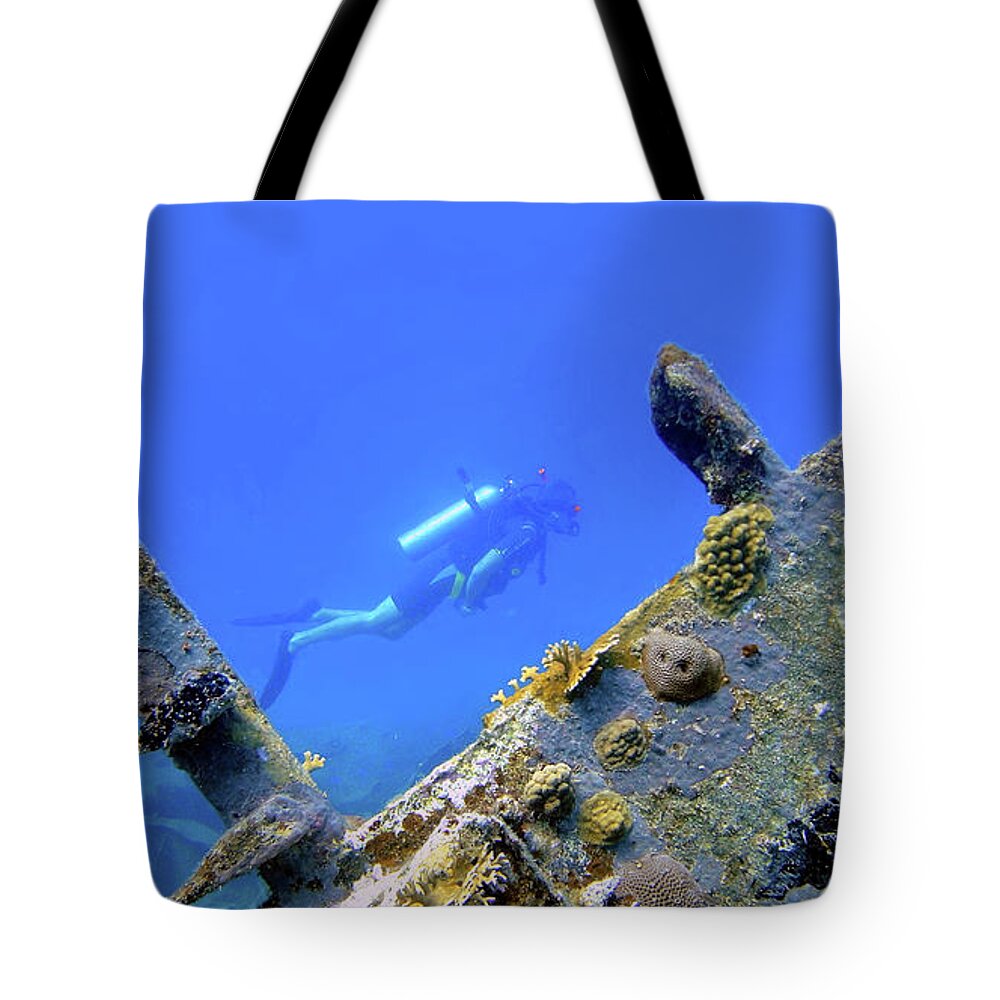 Scuba Tote Bag featuring the photograph Wreck Framed by Climate Change VI - Sales