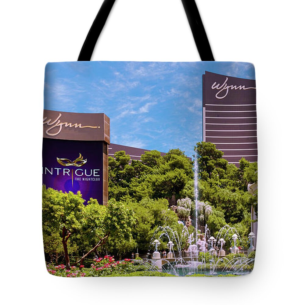 Wynn Casino Fountain Show Tote Bag featuring the photograph Wynn Casino Sign and Fountains in the Afternoon 2 to 1 Ratio by Aloha Art