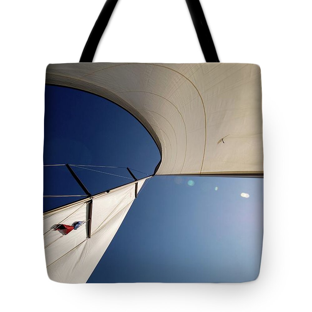 Greece Tote Bag featuring the photograph Yacht Sails And Sky by Dominik Eckelt