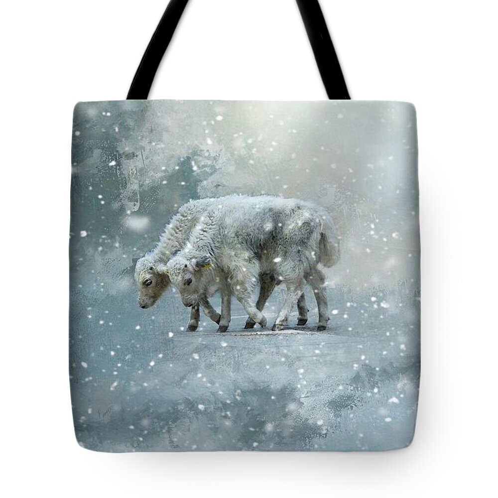 Yaks Tote Bag featuring the mixed media Yaks Calves in a Snowstorm by Eva Lechner