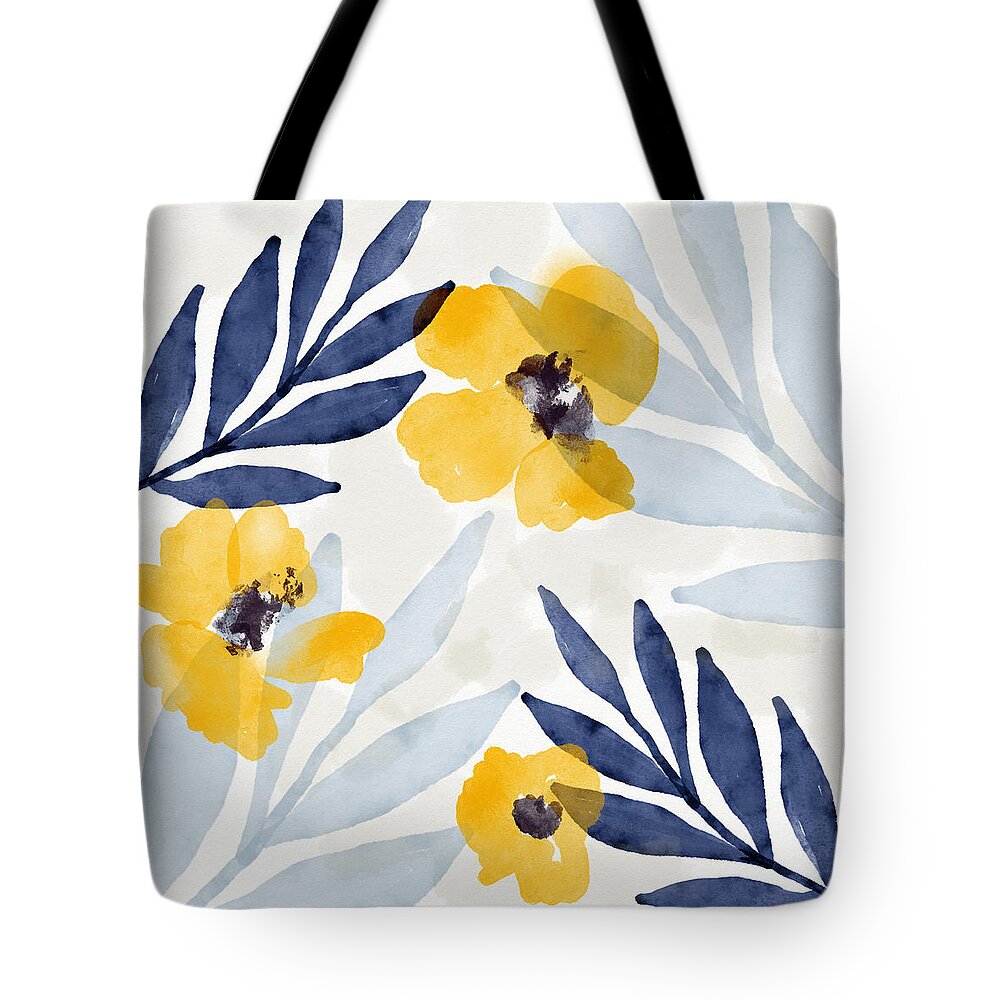 Flowers Tote Bag featuring the mixed media Yellow and Navy 1- Floral Art by Linda Woods by Linda Woods