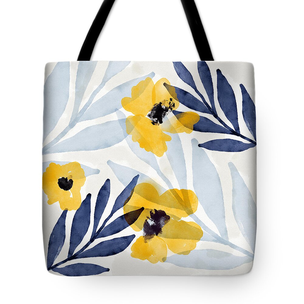 Flowers Tote Bag featuring the mixed media Yellow and Navy 2- Floral Art by Linda Woods by Linda Woods