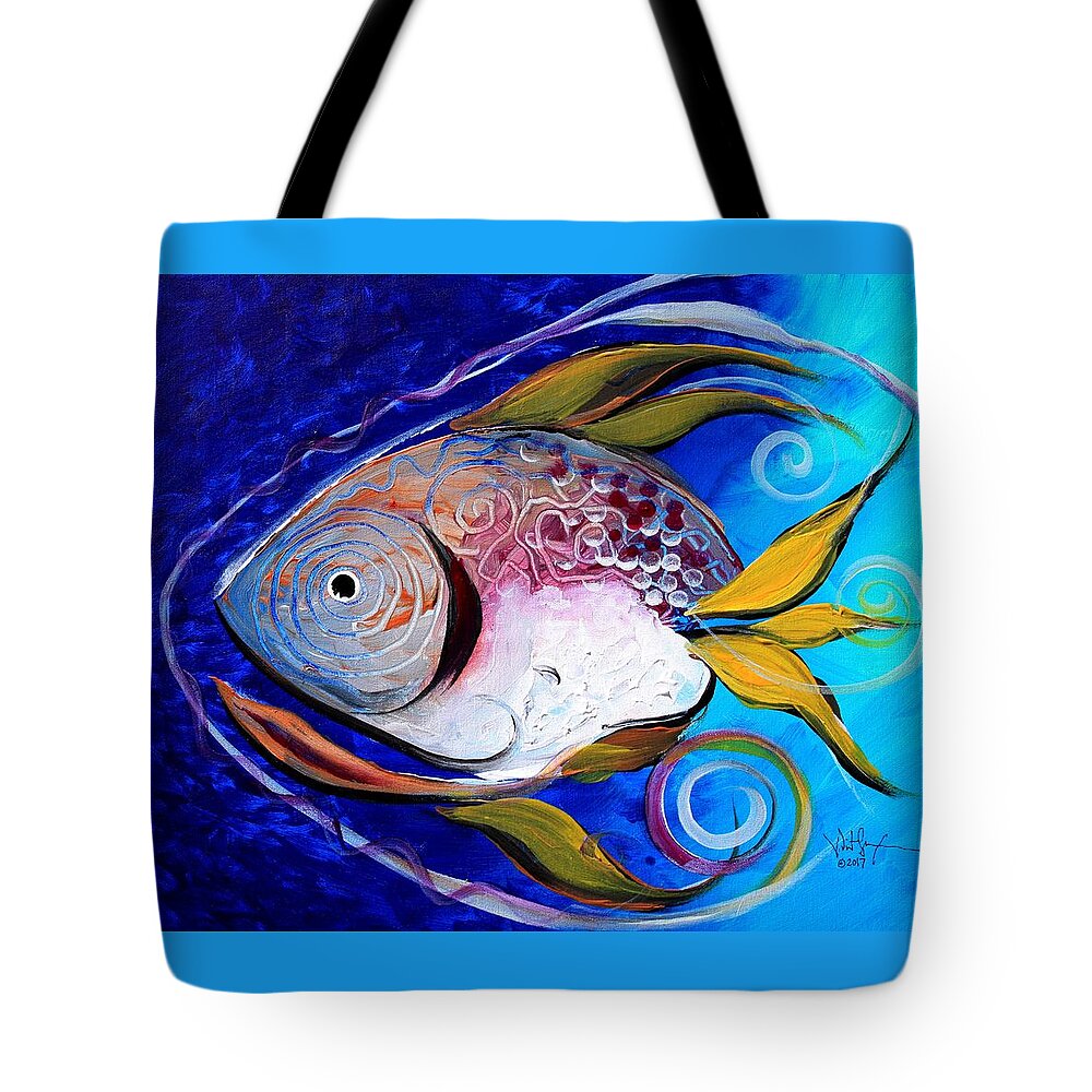 #fishart #fish #art #blue #fin #artfish #gulf #fishing #beachhouse #beach #color #coloful #detail #scarpace #ocean #sportfishing #abstract Tote Bag featuring the painting Yellow Fin Integral by J Vincent Scarpace