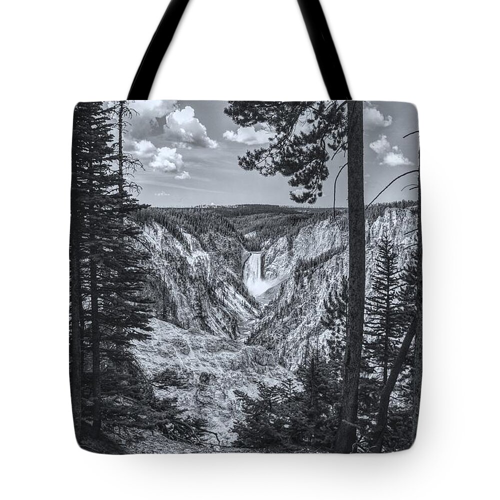 Yellowstone Tote Bag featuring the photograph Yellowstone Falls Black and White by Chance Kafka