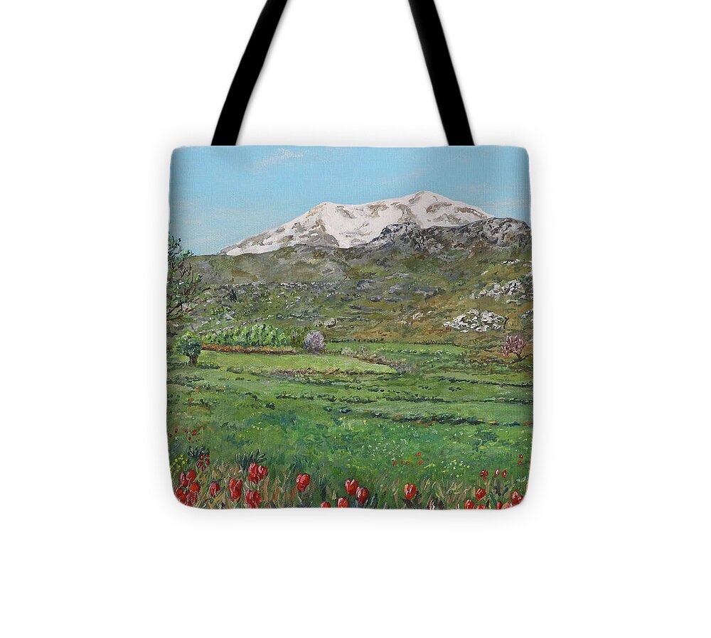 Crete Tote Bag featuring the painting Yious Kambos and Psiloreitis by David Capon