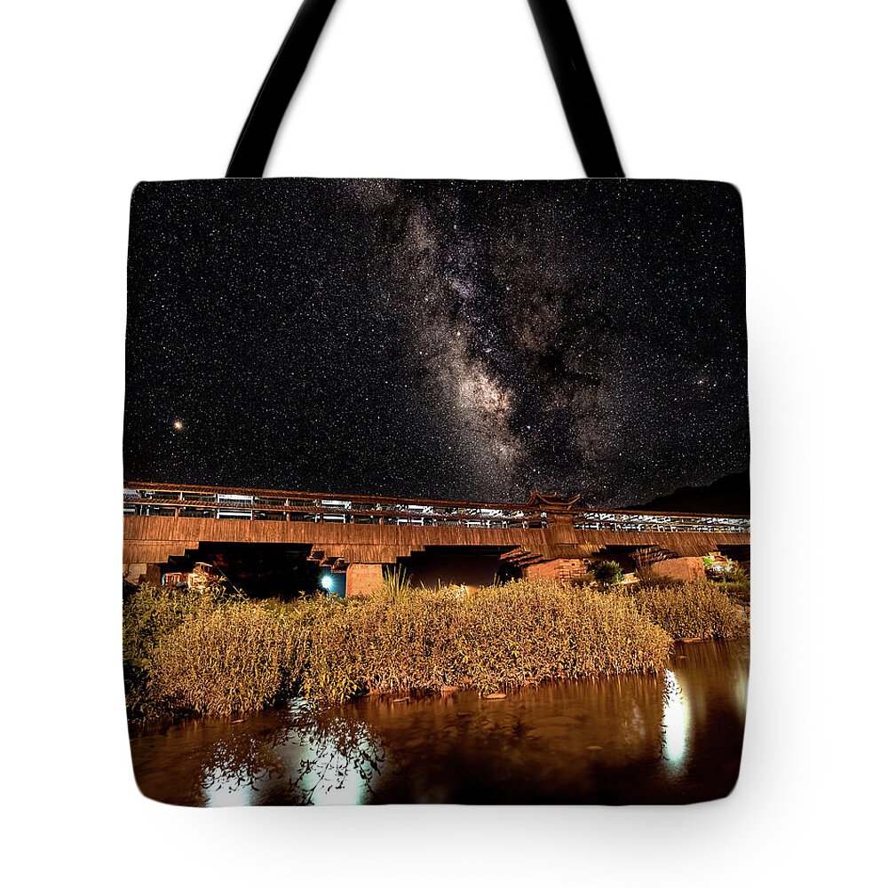 Bridge Tote Bag featuring the photograph Yonghe Bridge Milky Way by William Dickman