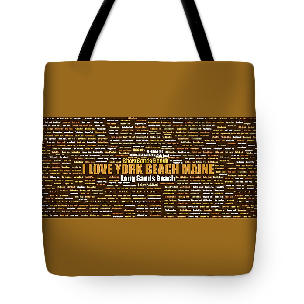 York Beach Maine Tote Bag featuring the digital art York Beach Maine Street Name Wordcloud Brown by David Smith