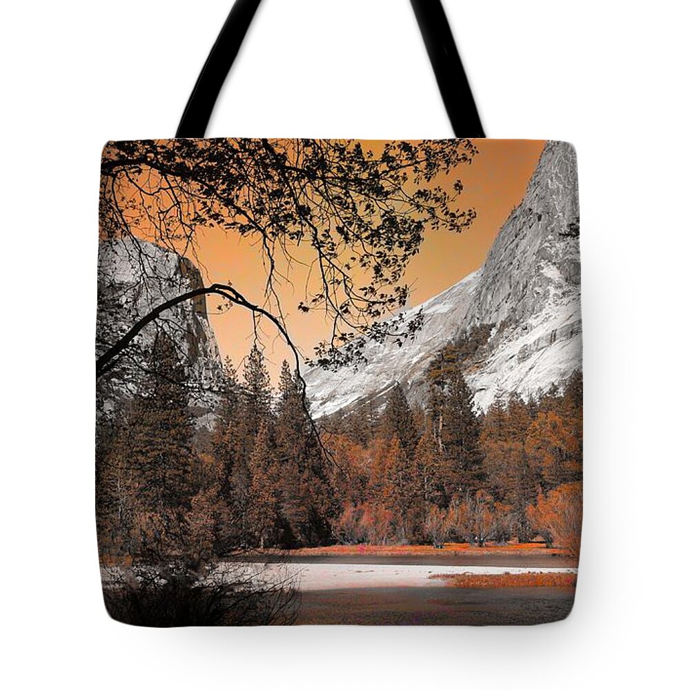 Yosemite Tote Bag featuring the digital art Yosemite Mirror Lake Photo Art by Chuck Kuhn