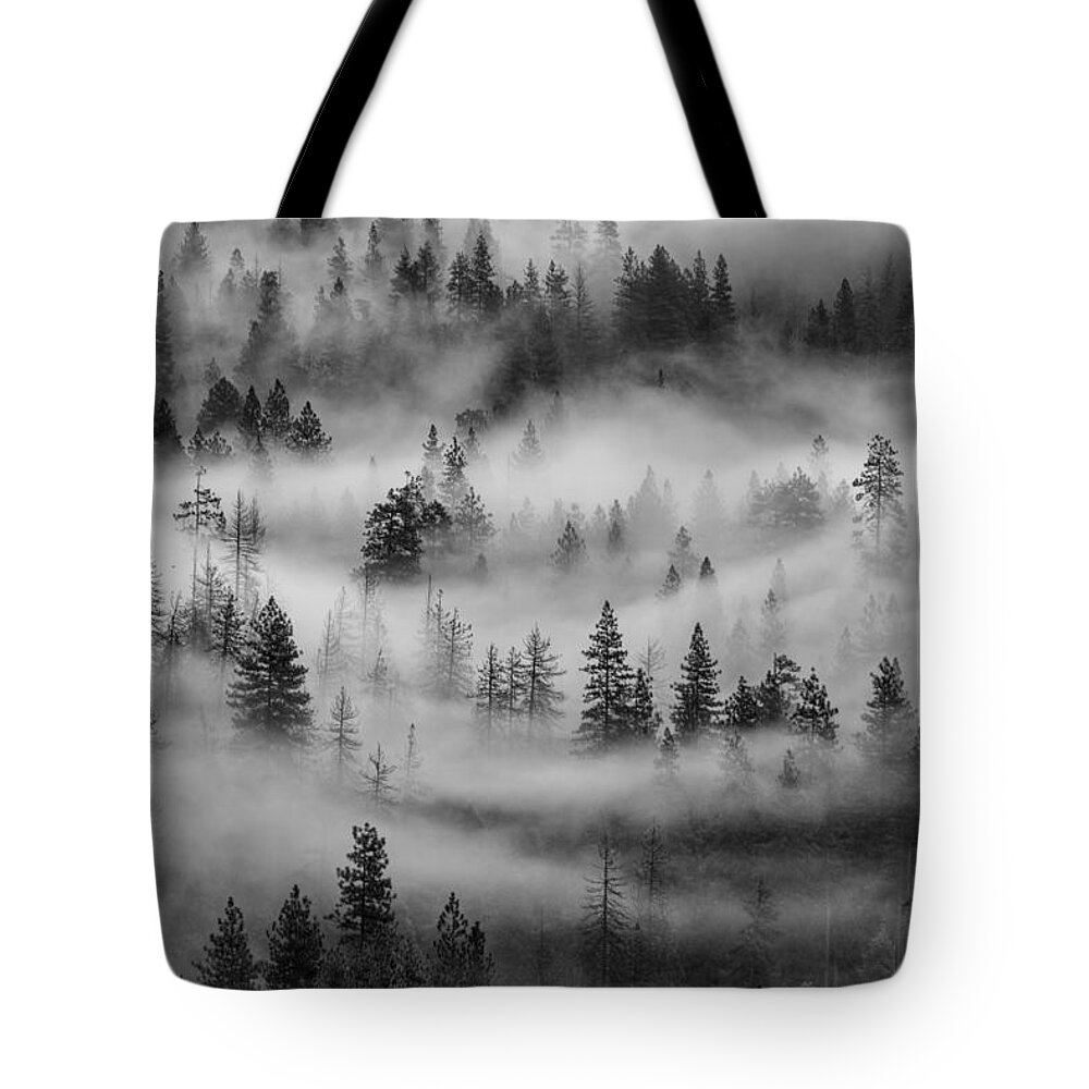 Black And White Tote Bag featuring the photograph Yosemite Valley Fog by Rand Ningali